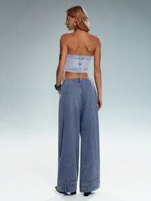 TRNVIE Calça jeans feminina de cintura baixa, corte reto, folgada, casual e versátil. - Azul - Ver 2