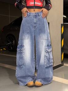 SHEIN HypeZone Women's Low Waist Fashionable Loose Cargo Style Versatile Denim Jeans - Blue - View 5