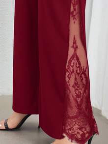 SHEIN PETITE CURVE Celana Panjang Hitam Elegan Ukuran Besar dengan Potongan Lebar Pinggang Tinggi, Belahan Samping, dan Panel Renda Transparan, Sempurna untuk Pemakaian Sehari-hari dan Perjalanan Kerja, Celana Panjang Ukuran Besar Musim Semi/Panas Warna Burgundy - Burgundy - View 6