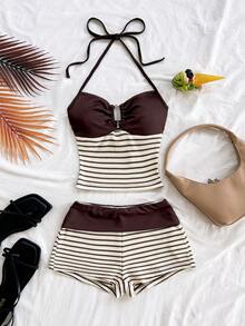 Soleia Bộ 2 áo hai dây và quần đùi dệt kim kẻ sọc khóa kim loại thời trang đi nghỉ, thích hợp cho tiệc tùng, ngày lễ tình nhân, đêm hẹn hò, hộp đêm, bohemian, boho, kỳ nghỉ, quần áo nữ mùa thu, cổ điển, ngày lễ - Nhiều màu - Xem 3