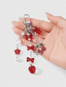 ROMWE Kawaii 1 Stück koreanischer Stil elegante und schicke Silberkette Schleifenanhänger aus Acryl und Harz mit Erdbeere/Kirsche, modisches Accessoire Geschenk für Frauen und Mädchen, Alltagsgebrauch - Rot-75 - Übersicht 14
