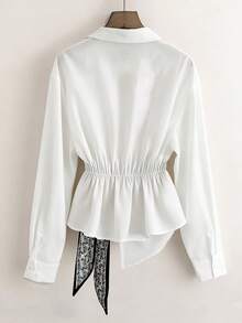 Franclia 女士休闲法式白色高腰衬衫，新款独特小众华丽丝巾装饰长袖上衣，秋季款 - 白色 - 查看 2