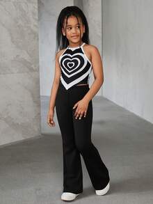 SHEIN Tween Girls Casual Basic Knit Sleeveless Halter Tank Top And Solid Color Flare Pants Set - Black - View 4