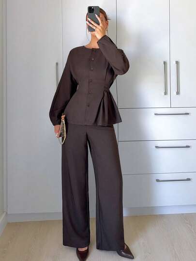 Siren Gaze Autumn/Winter New Maillard Brown Cinched Waist Casual Commuter Front Button Long Sleeve Top And Pants Set For Women