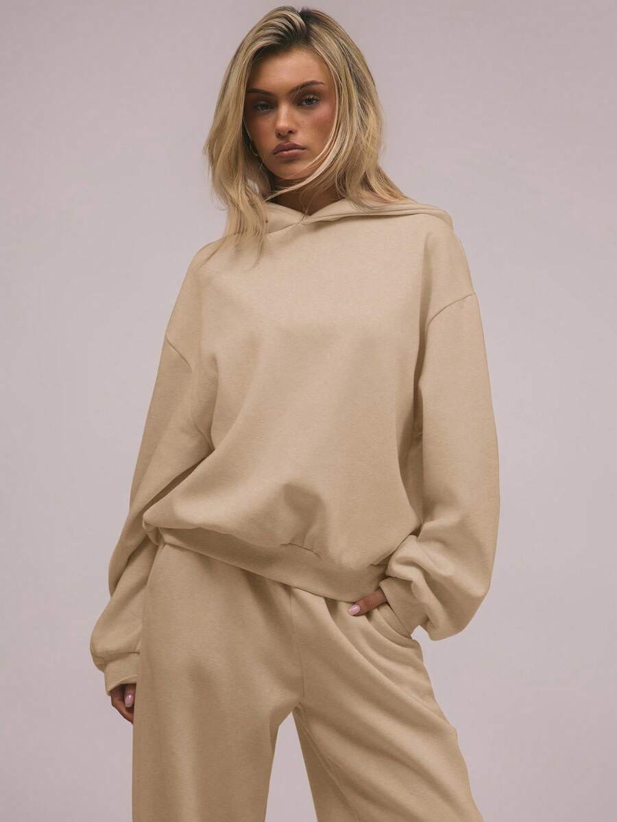 MUSERA 超大款抓绒连帽卫衣，适合毕业季、返校季、毕业典礼、教师节等场合，女士款，冬季休闲返校季必备 - 杏色 - 查看 1