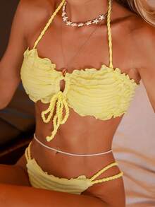 Swim Mod Women's Swimsuit Set, Elegant & Sweet Solid Color Textured Fabric Macrame Strap Two Pieces Swimwear, Suitable For Beach & Vacation, Spring/Summer - Yellow - View 4