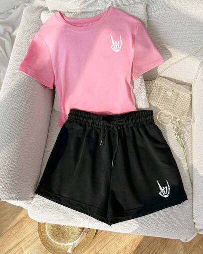 Set de 2 piezas de camiseta y pantalones cortos con estampado de Mano Cadaverica