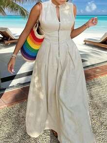 INAWLY Solva Plus Size Solid Color Front Zip Up Sleeveless Casual Long Dress - Apricot - View 1