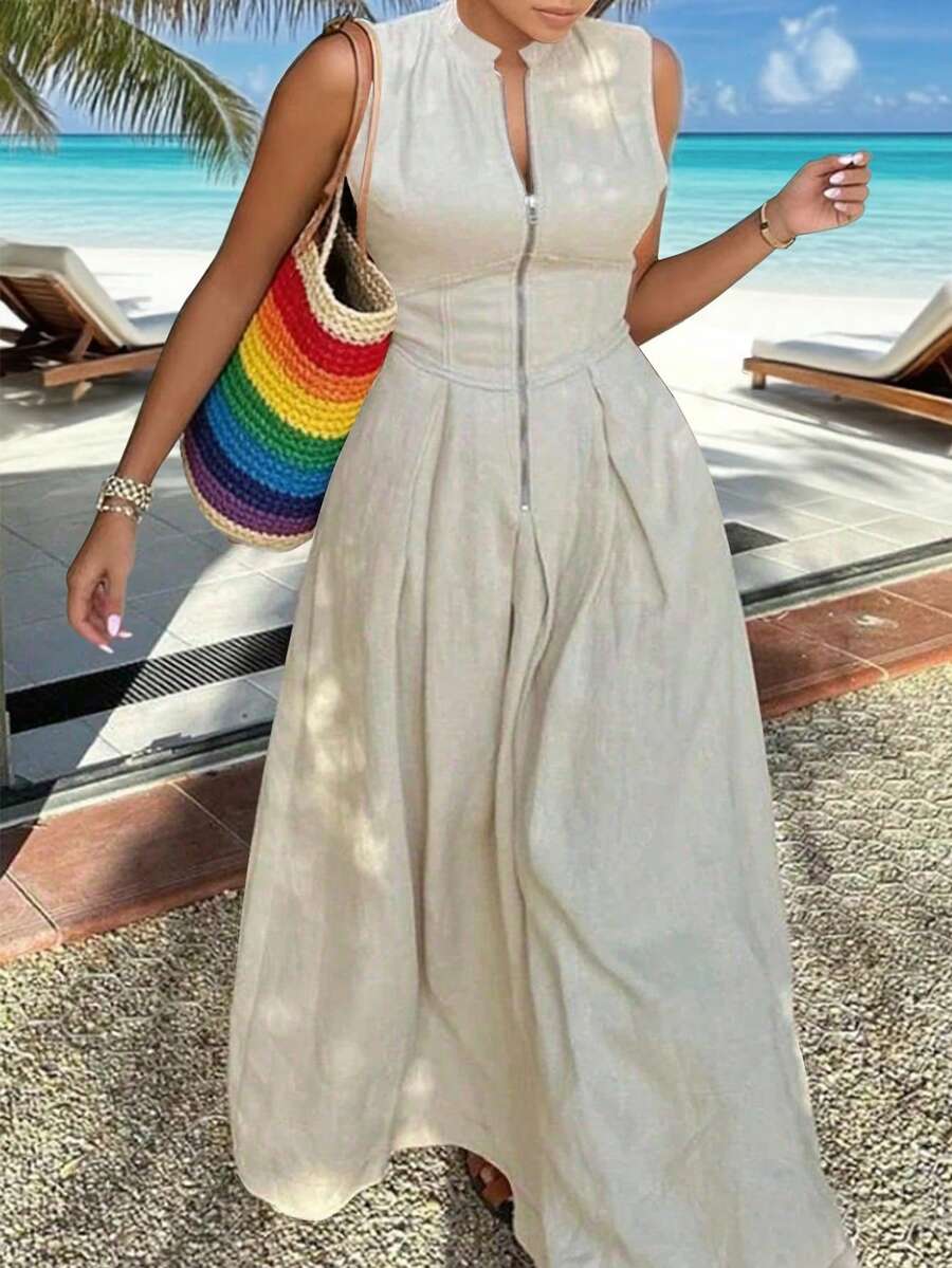 INAWLY Solva Plus Size Solid Color Front Zip Up Sleeveless Casual Long Dress - Apricot - View 1