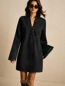 Poéselle 新款女士牛仔连衣裙，宽松长袖翻领套头连衣裙，秋冬装，女士秋季穿搭，冬季连衣裙，女士冬季连衣裙，圣诞节连衣裙，沙特国庆日连衣裙，新年服装，派对连衣裙，毕业礼服，女士正式连衣裙，深蓝色牛仔连衣裙 - 黑色 - 查看 3