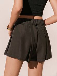 Poéselle Quần short nữ màu trơn cạp cao xếp ly, kiểu dáng thường ngày/công sở, quần short nữ thanh lịch, quần short đi biển, quần short thanh lịch mùa xuân/hè. - màu nâu - Xem 8