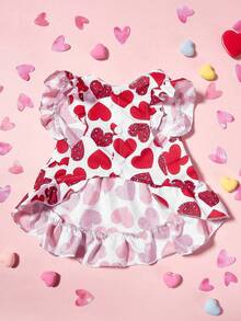 PETSIN 1pc Pet Valentine's Day Red Leopard Print Heart Decor Cap Sleeve Ruffle Hem Button-Front Dress, For Gifts - Multicolor - View 6