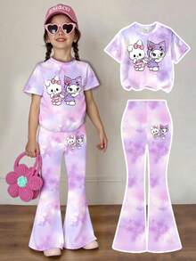 SHEIN Bộ đồ 2 mảnh thoải mái, sáng tạo, cá tính, tối giản, in hình hoạt hình mèo, thỏ, anh đào, nơ, trái tim dễ thương, thích hợp cho mùa hè và mùa thu, dành cho bé gái. Áo thun rộng và quần ống loe, phù hợp cho cả mùa hè và mùa thu. - Nhiều màu - Xem 7