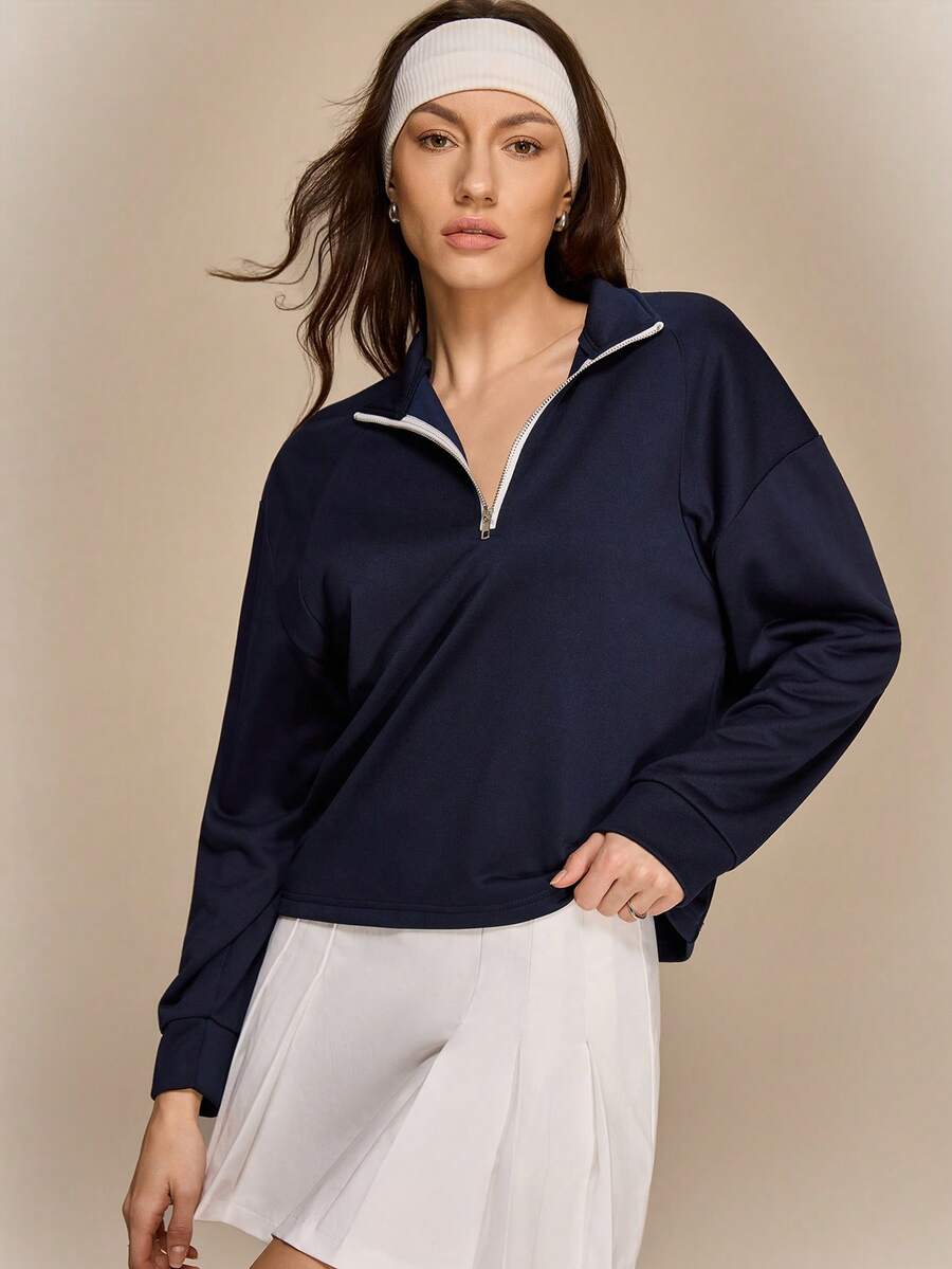Hanevo Women's Casual Sports Back To School Outfit - Stand Collar Zip-Up Long Sleeve Top & White Pleated Mini Skirt Set - Blue - View 1
