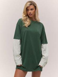 MUSERA Đầm thun ngắn tay kẻ sọc dáng rộng nhiều lớp, phong cách cổ điển, dễ thương, đồng quê, nhà tranh, thích hợp mặc đi học, màu vàng bơ. - Màu xanh lá cây đậm - Xem 2