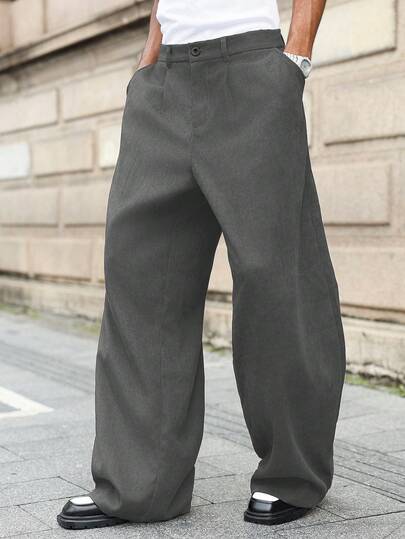 Manfinity Roghcode Pantalones casuales sueltos de pierna ancha con bolsillo plisado de unicolor para hombres de talla grande