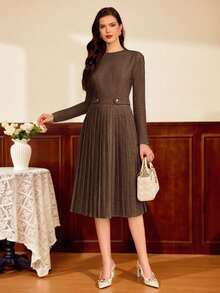 Vintamour 复古优雅女士连衣裙，带口袋，褶皱金属纽扣，休闲通勤度假连衣裙，秋季女装，秋季女装，秋季女装套装，秋季女装套装，冬季女装，秋季连衣裙，冬季女装，圣诞节女装，圣诞节女装套装，沙特国庆日服装，优雅女装，优雅连衣裙，新年女装 - 棕色 - 查看 4