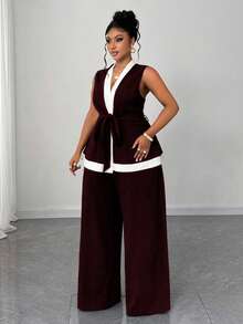 Maweii Conjunto de 2 piezas sin mangas en blanco y negro con patchwork, elegante para ir al trabajo, talla grande - Burdeos - Ver 4