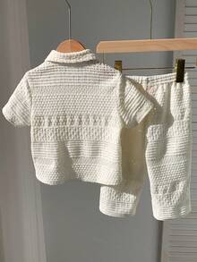SHEIN 2件套男女宝宝幼儿白色镂空舒适短袖针织衫套装，包含上衣和阔腿裤，休闲复古百搭，日常可爱，适合春、夏、秋季、节日、庆典、度假、郊游、假日、婚礼、婴儿派对、洗礼、周岁生日等场合。 - 白色 - 查看 2