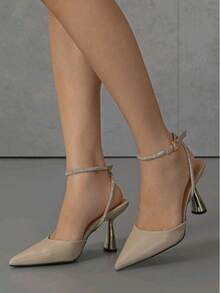 Zapatos de mujer color albaricoque con tacón en bloque, adornados con pedrería, diseño de punta afilada y elegantes tiras de satén al tobillo. - Albaricoque - Ver 3
