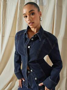 Vixey 女士翻领单排扣时尚百搭日常通勤长袖牛仔衬衫 - 深色水洗藍 - 查看 5