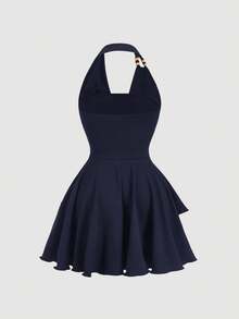 SHEIN MOD Váy ngắn bất đối xứng cổ điển thập niên 70 với chi tiết xếp nếp, cổ yếm, trang trí hạt cườm, viền bánh nhiều lớp và cổ áo xếp nếp - Lấy cảm hứng từ Y2K, hoàn hảo cho kỳ nghỉ trên đảo, tiệc tùng, hẹn hò, tiệc sinh nhật, tiệc trà chiều và lễ hội! - Màu xanh hải quân - Xem 2