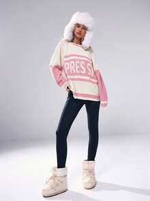 Musera Sport 厚针织宽松标语套头衫，Y2K 90年代休闲可爱运动滑雪俱乐部雪地舒适机场度假冬季日常办公时尚毛衣春季 - 淺粉色 - 查看 3