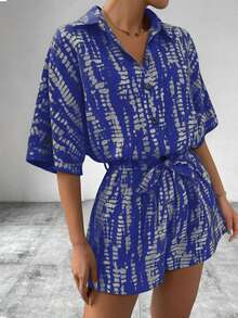Chiquease Printed Batwing Sleeve Tie Collar Jumpsuit For Women - Multicolor - View 3