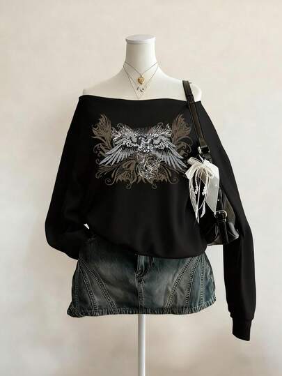 Wing Print Crew Neck Long Sleeve Sweatshirt With Raw Hem
