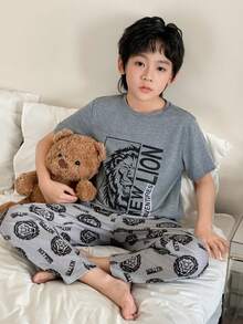 两件套儿童/青少年男童休闲舒适印花圆领短袖睡衣套装 - 上衣和裤子 - 彩色 - 查看 2