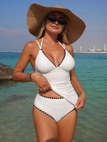 Swim Vcay New Women's White Textured Fabric Tankini Swimsuit With Black Decorative Lines And Ruched Waist Design, Vacation Spaghetti Strap Bikini - White - View 5