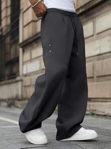 Manfinity EMRG Men's Solid Color Drawstring Waist Pockets Wide Leg Loose Casual Sweatpants - Dark Grey - View 4