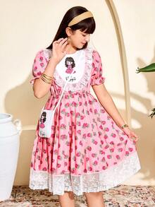 1pc Girls' Traditional Arabic Abaya Dress, Round Neck, Patchwork, Floral Print, Ruffle Trim, Puff Sleeve, Pleated Hem, Mid-Length, Spring/Summer - Pink - View 6