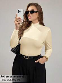 Auralis Plus Size Women's Autumn And Winter Fashion Casual High Elastic Comfortable Daily Basic Half Turtleneck Slim White T-Shirt Tops,Fall Clothes - Apricot - View 1