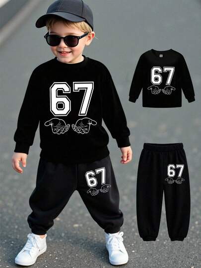 SHEIN 2pcs/Set Young BoyCozy Fall & Winter Casual Creative Numeric 67 Palm Print Round Neck Sweatshirt And Pants Outfit