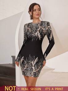 Modelyn 女士优雅亮片装饰圆领长袖修身连衣裙，秋季 - 黑色 - 查看 1