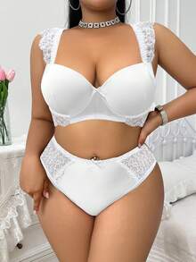 SHEIN 2pcs Plus Size Lace Patchwork Underwire Bra Set - White - View 5