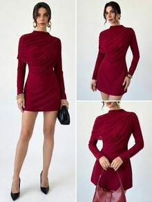 Firerie Women's Burgundy Turtleneck Knit Contrast Mesh A-Line Mini Dress, Long Sleeve Dress, Asymmetrical Mesh Ruffle Collar Dress, Elegant For Spring, Autumn, Winter, Suitable For Commute, Date, Party, Wedding, Graduation, Performance, Work, Birthday - Burgundy - View 8