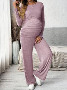 MaterniWear Round Neck Long Sleeve Knit T-Shirt And Adjustable Waist Straight Leg Pants, Women Straight Pants Autumn Set, Loose Fit Set, Suitable For Baby Shower Gift Pregnancy Clothing Two Piece Set Women Comfy Maternity Pants Maternity Jumpsuits For Woman Maternity 2 Piece Set - Pink - View 6