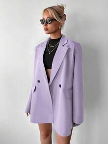 Ritzy Row Women's Casual Oversized Padded Shoulder Mid-Length Double-Breasted Blazer - Mauve Purple - View 4