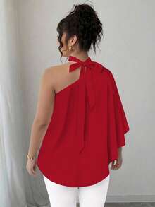 SHEIN Elenzya 大码女式斜肩系带纯色衬衫 - 紅色 - 查看 2