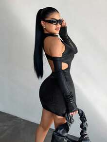 SHEIN SXY Women's Off-Shoulder Long Sleeve Hollow Out Design Fitted Sexy Mini Dress - Black - View 2