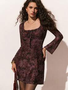 Poéselle Women's Floral Mesh Flocked Square Collar Mini Skirt Dress - Burgundy - View 6