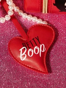 Betty Boop x SHEIN 1 Pu Leather Pattern Cylindrical Printed Pearl Bow Decorative Change Bag, Suitable For Storing Change, Lipstick, Lip Gloss, Keys, Small Belongings, Suitable For Men, Women, Students, Playful, Loving, Blowing Kisses, Love,Gift Ideas,Party,Holiday,Valentine's Day,Bag Charm - Red - View 5