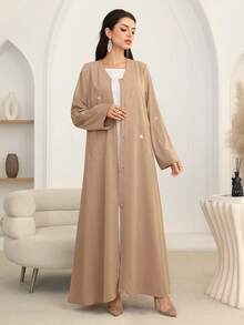 Al Najma Women's Loose Elegant Rhinestone Decorated Robe, Black Abayas - Khaki - View 3