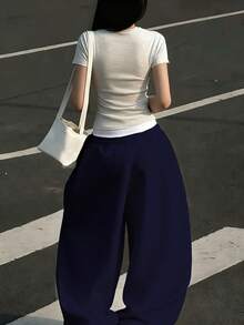 SHEIN Quần nỉ cạp chun màu trơn đơn giản dành cho nữ - Màu xanh hải quân - Xem 2