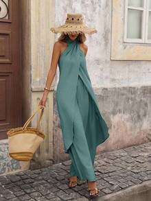 Brillora 两件套女士夏季纯色不对称下摆露背吊带上衣和裤子套装 - 淺藍色 - 查看 7