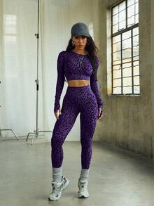 SHEIN Dewbera 女士豹纹紧身长袖上衣和打底裤运动套装 - 紫色 - 查看 5
