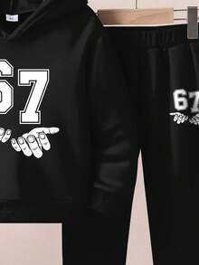 SHEIN 2pcs/Set Boys Casual, Fashionable Classic, Cool Style, Number 67, Retro American, Sporty, Number "67" Print, 6&7, Loose Fit Sporty Casual Thick Hoodie Sweatshirt Set, Suitable For Autumn/Winter - Black - View 5