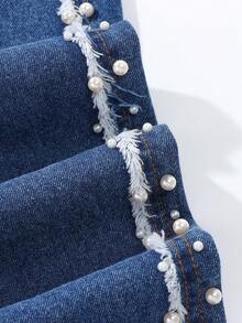 Teen Girls' Fashion Casual Faux Pearl Embellished Slant Pocket Wide Leg Jeans Teen Girl Y2K Style Casual Cute Jeans  Heavy Washed Elastic Waist Teenage (Women) Jeans, Suitable For Daily Wear Denim Baggy Street Vintage Retro Washed Loose Jeans Baggy Jeans Y2k Teen Outfits Kpop